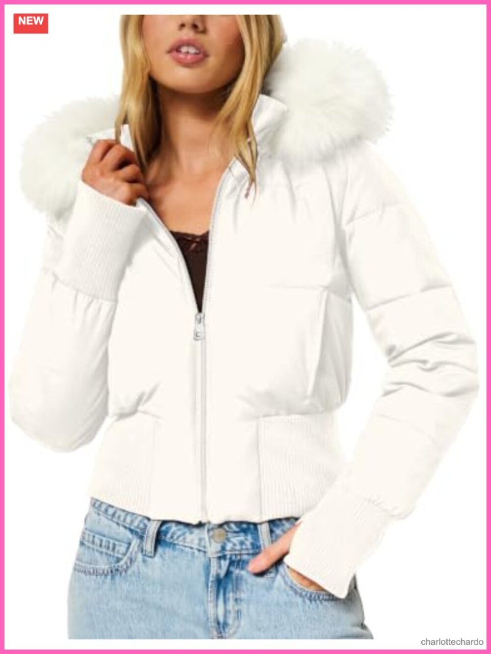 Womens Faux Fur Trim Hooded Cropped Puffer Jacket Quilted Winter Coat